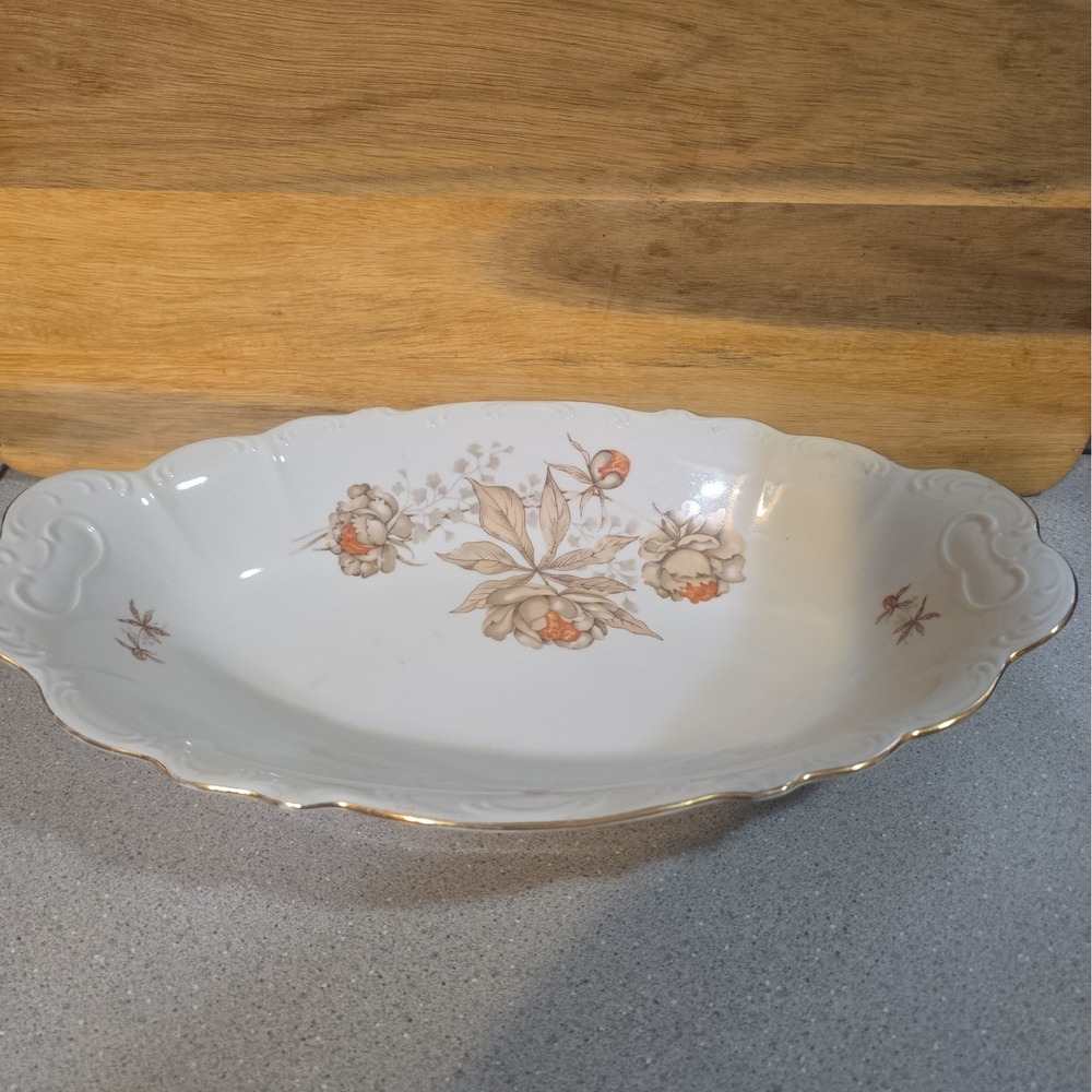 Vintage Czechoslovakian Bohemian Fine China Large Oval Vegetable Bowl Dish Peony